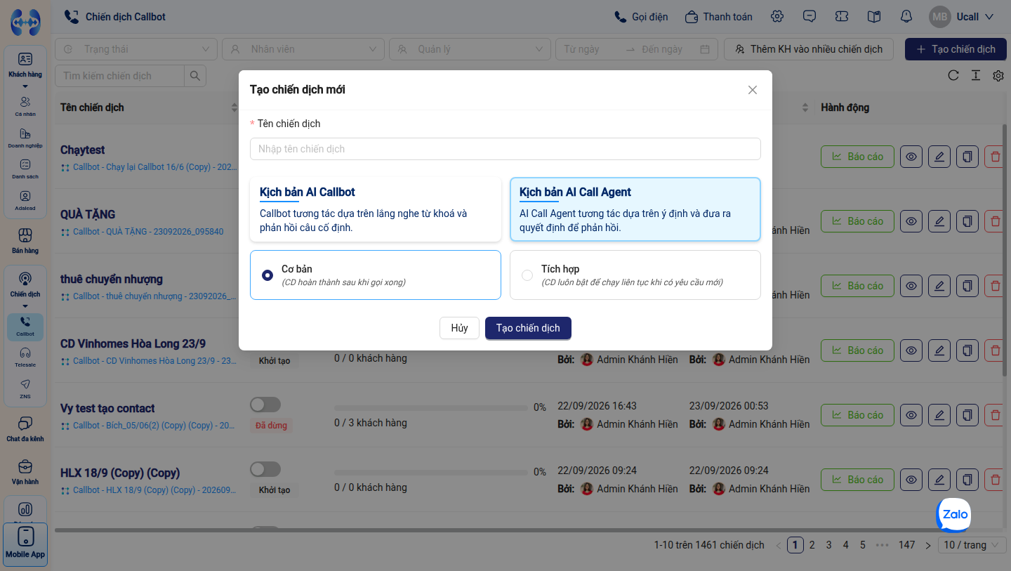 Modal chọn loại kịch bản AI Call Agent và loại chiến dịch